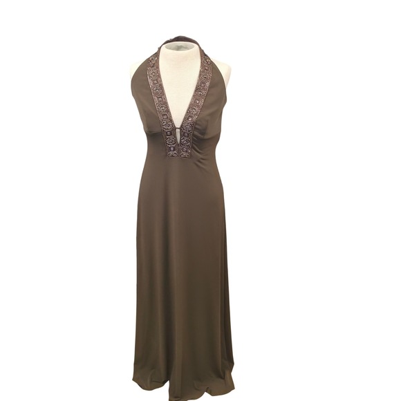 Laundry By Shelli Segal Dresses & Skirts - Laundry by Shelli Segal Halter Gown Womens 2 Brown Good Beaded Plunge Neck